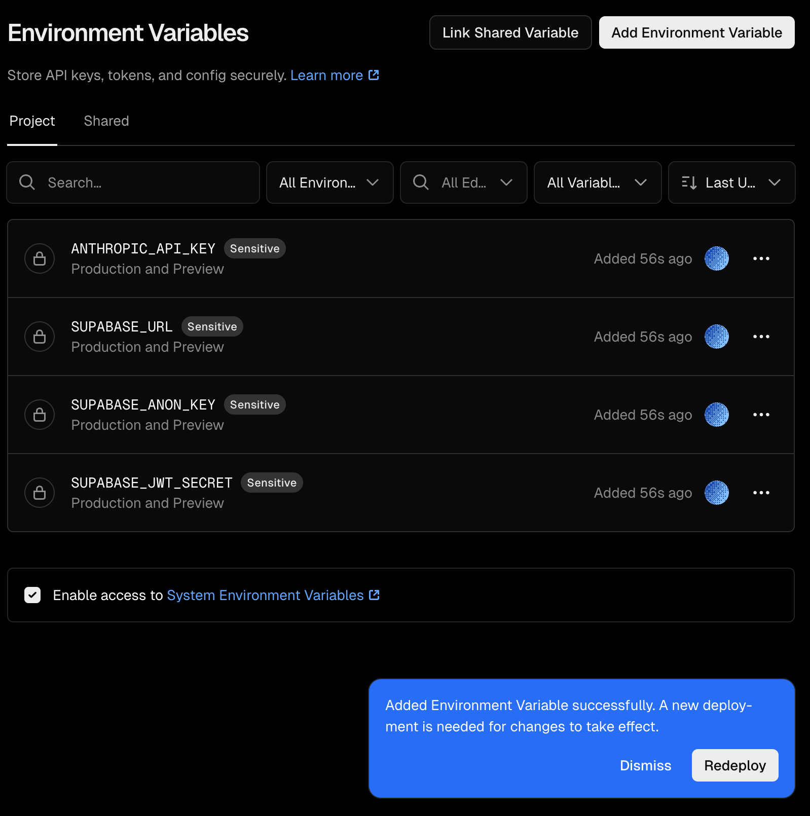 All variables set — redeploy