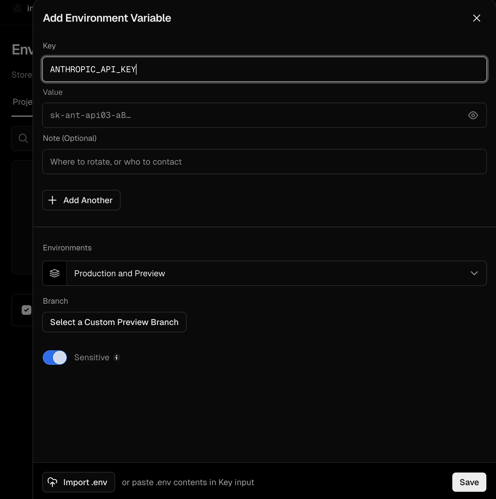 Entering environment variables
